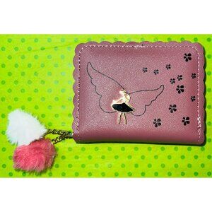 Pink Wallet With Fairy & Floral Design Zipper Closure Scalloped Edges Pom-Pom Ch
